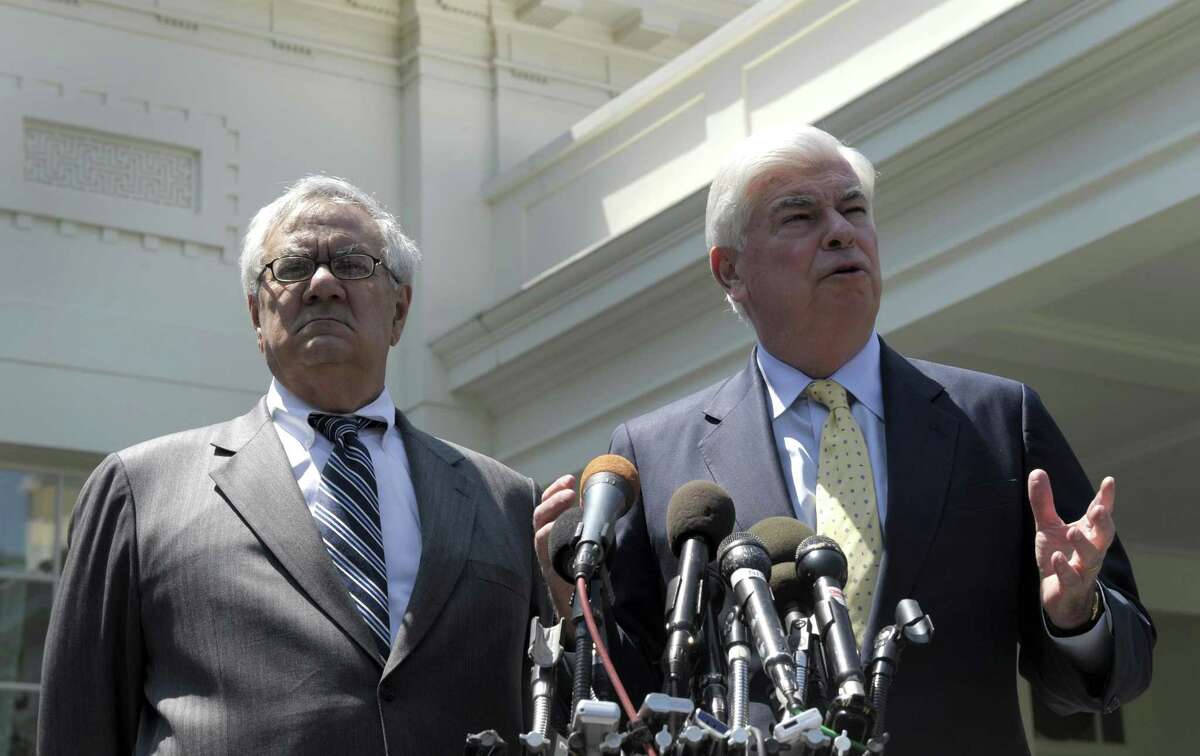 In 2010, Senate Banking Committee Chairman Sen. Christopher Dodd, D-Conn. (right), and House Financial Services Committee Chairman Rep. Barney Frank, D-Mass., speak to reporters outside the White House. House Republicans are targeting financial regulations established by the Dodd-Frank Act after the Great Recession, arguing replacement is needed to spur economic growth.