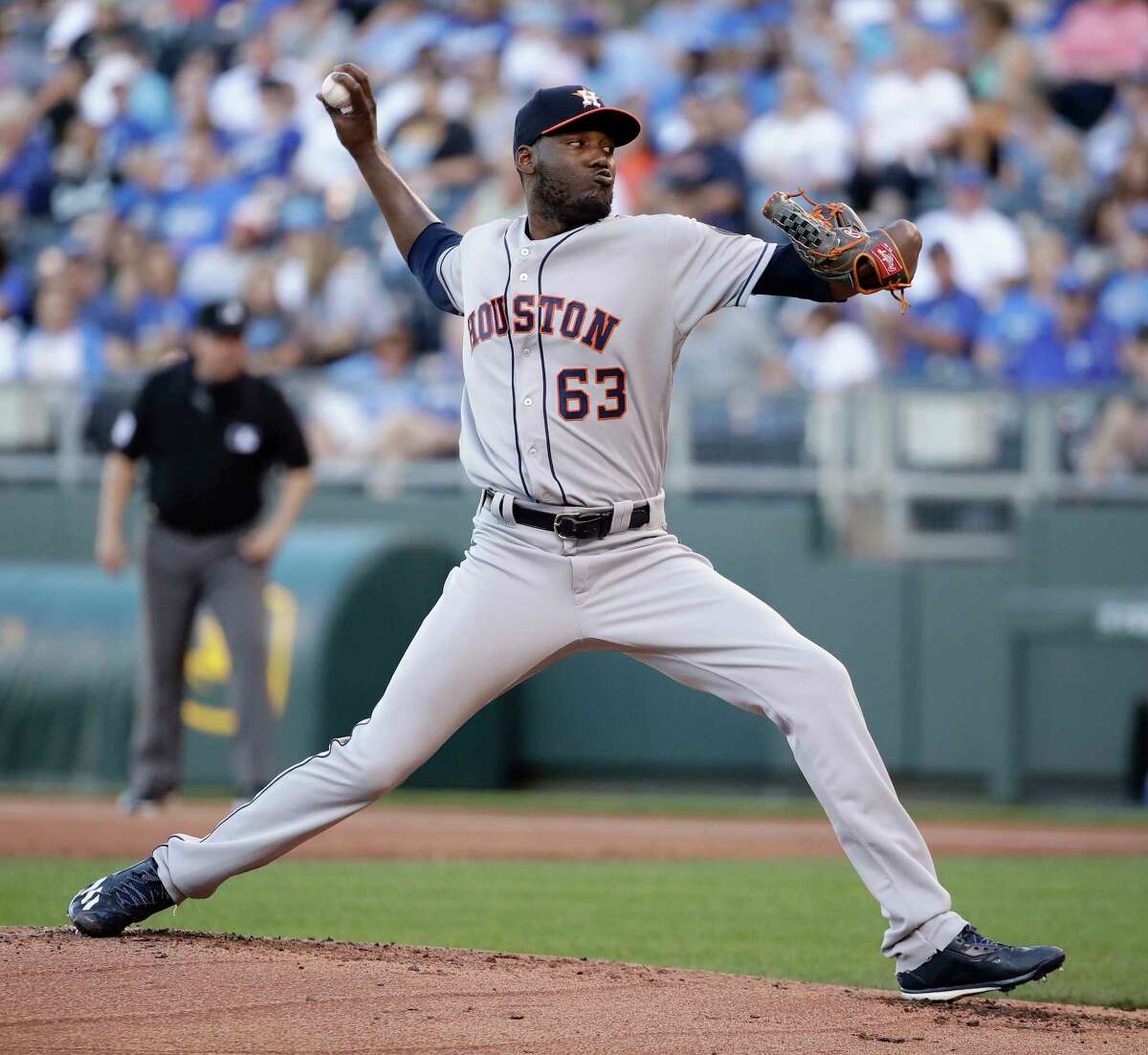 Houston Astros starting pitcher David Paulino throws during the first inning of a baseball game against the Kansas City Royals Tuesday, June 6, 2017, in Kansas City, Mo. (AP Photo/Charlie Riedel)
