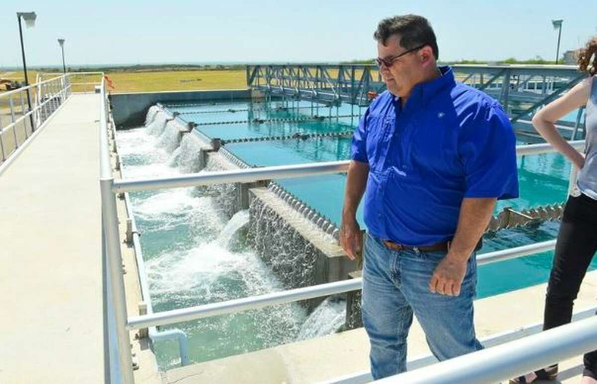 Water Treatment Supervisor Tony Moreno gives a tour of a resevoir treating the raw water at the El Pico Water Treatment Plant on Tuesday, May 2, 2017. 