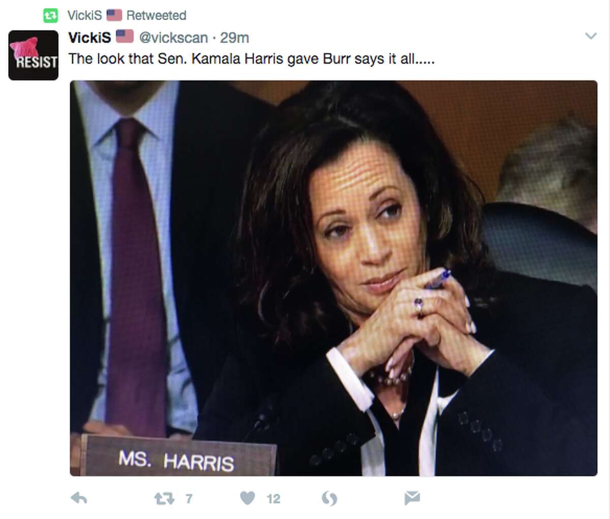 Twitter reacts to Sen. Kamala Harris (D-CA) during the Senate Intelligence Committee questioning, where she was interrupted by Sen. John McCain (R-AZ) and Richard Burr (R-NC).