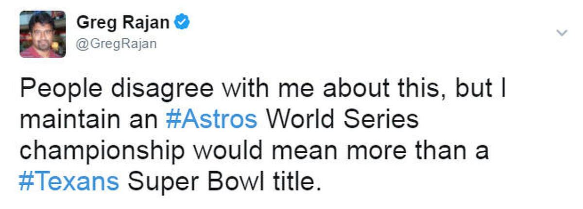 Sorry, Greg. Count me among the dissenters, too. We live in Texas. Football rules. The Super Bowl is the game of games. Nothing else comes close. But, hey, how incredibly cool is it that we’re sitting here in June even having such a conversation? One thing seems certain: the Astros are far more serious contenders to win the next World Series than the Texans are to win the next Super Bowl.