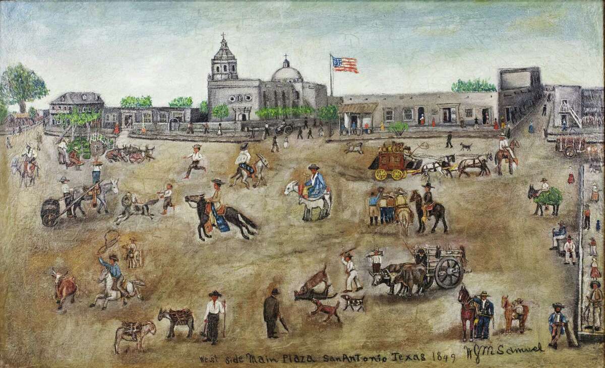 Four historic paintings of San Antonio's Main Plaza, dated 1849 and depicting the north, south, east and west sides of the plaza, were returned to Bexar County by the Witte Museum Jan. 6, 2015. This is the west side of Main Plaza in a painting by William G.M. Samuel, a Bexar County lawman and county commissioner as well as an early Texas folk artist, one of four loaned by the county to the Witte in 1945. They were returned to the Bexar County Courthouse for permanent display in the restored 1897 Double-height Courtroom that was rededicated in 2015.