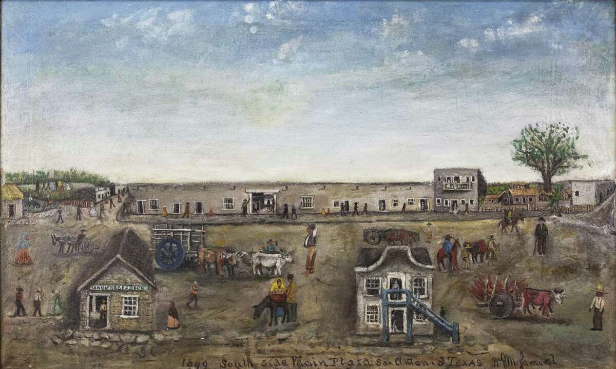 Four historic paintings of San Antonio's Main Plaza, dated 1849 were returned to Bexar County by the Witte Museum Jan. 6, 2015. This is the south side painting by William G.M. Samuel, a Bexar County lawman and county commissioner as well as an early Texas folk artist, one of four paintings that were loaned by the county to the Witte in 1945.