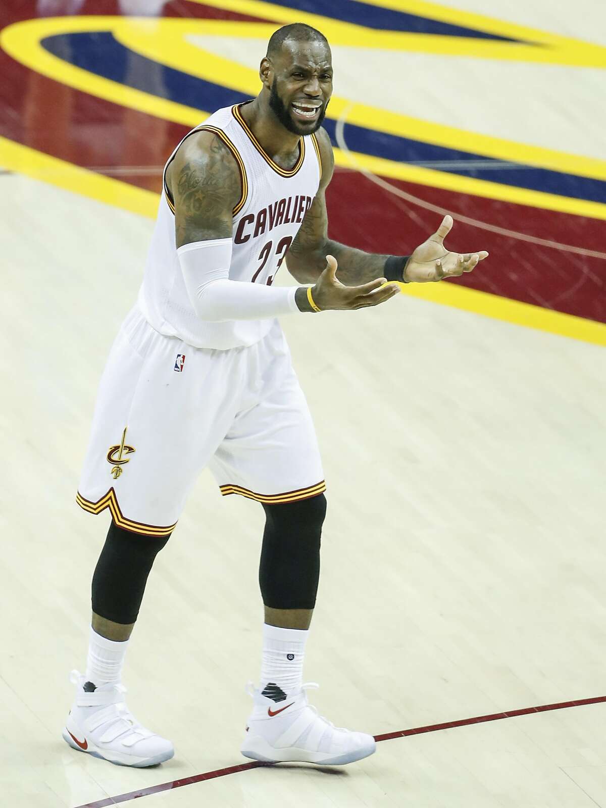 Cleveland Cavaliers' LeBron James reacts in the third quarter during Game 3 of the 2017 NBA Finals at Quicken Loans Arena on Wednesday, June 7, 2017 in Cleveland, Ohio