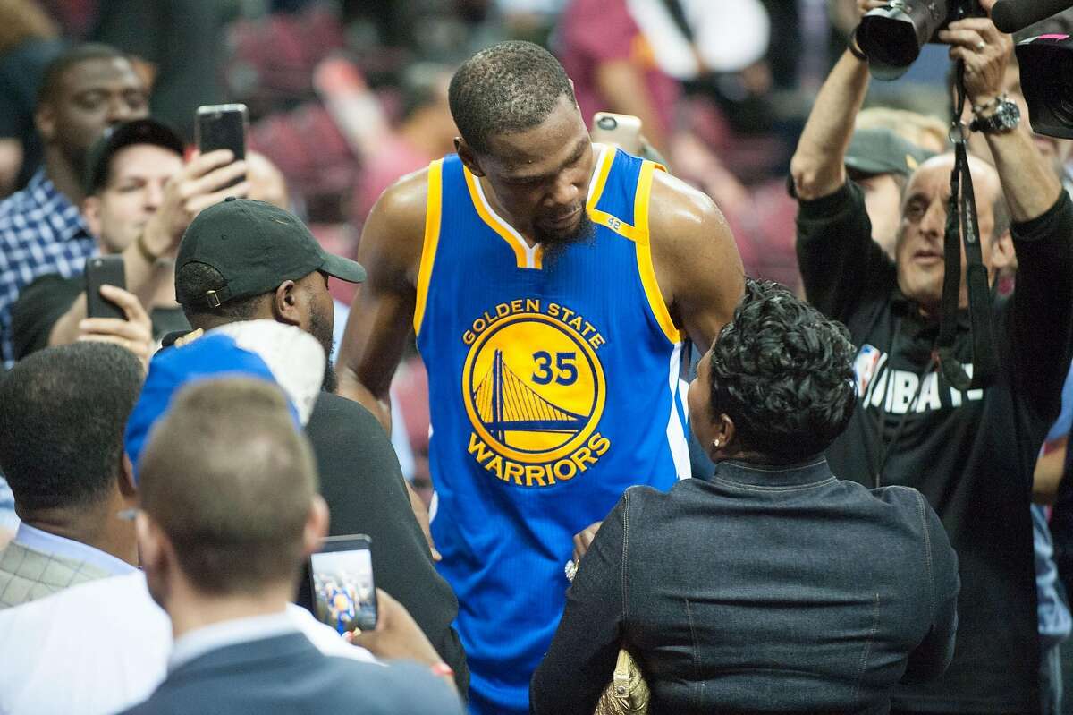 Kevin Durant talks to his mother after Game 3 of the 2017 NBA Finals at Quicken Loans Arena on Monday, June 7, 2017 in Cleveland, Ohio.