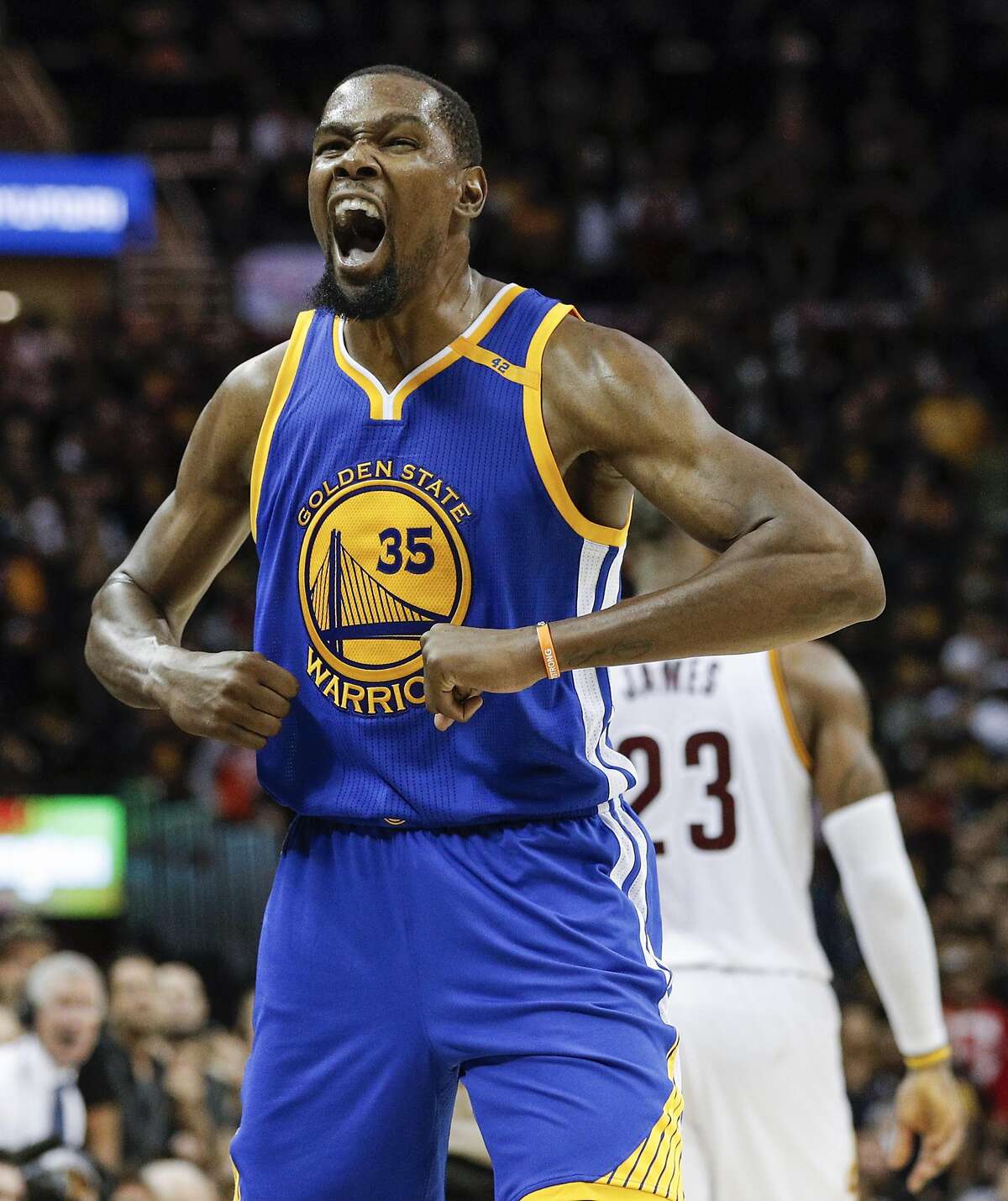 Golden State Warriors' Kevin Durant reacts in the fourth quarter during Game 3 of the 2017 NBA Finals at Quicken Loans Arena on Wednesday, June 7, 2017 in Cleveland, Ohio
