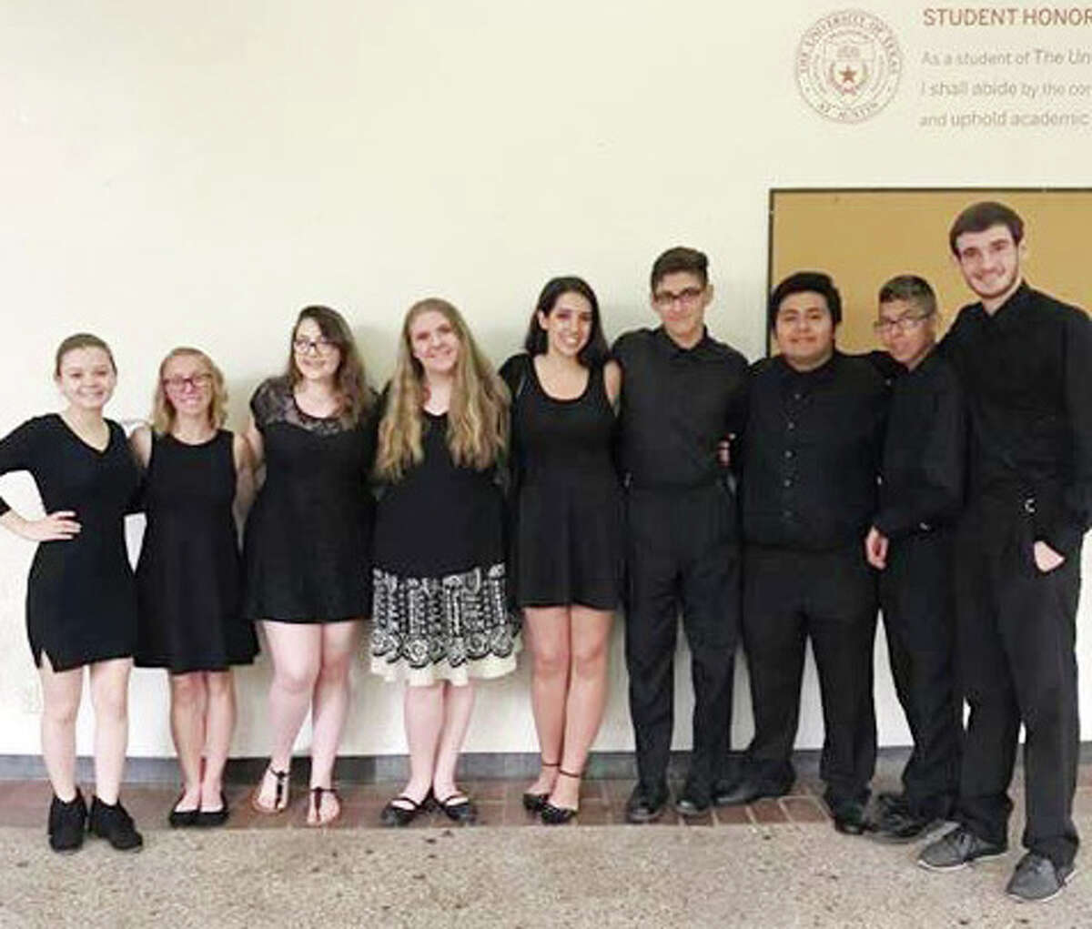 Among the gold medalists from the Plainview High School Choir at State UIL Solo and Ensemble Contest in the University of Texas in Austin was a group of madrigals -- Sage Landeros (left), Lizzy Taylor, Claire Daily, Emily Franklin, Erin Wilkinson, JJ Rodriguez, Abraham Molina, Timothy Reyes and Avan Doughrity.