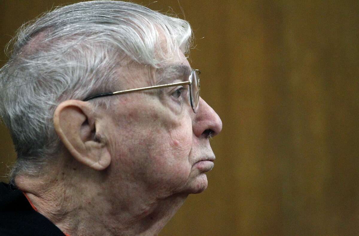 In this Wednesday, May 24, 2017 photo, John Feit appears during a change of venue hearing at the Hidalgo County Courthouse, in Edinburg, Texas. Judge Singleterry said he would make his decision on the change of venue next week. The former priest is accused of murdering Irene Garza, a McAllen, Texas, teacher and ex-beauty queen in 1960. (Delcia Lopez/The Monitor via AP)