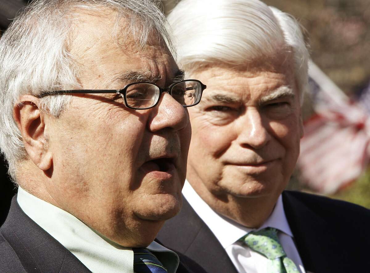 House Financial Services Committee Chairman Rep. Barney Frank, D-Mass., left, accompanied by Senate Banking Committee Chairman Sen. Christopher Dodd, D-Conn., talks to reporters outside the White House in Washington, Wednesday, March 24, 2010, after a closed door meeting with President Barack Obama in the Oval Office to discuss financial reform. (AP Photo/Charles Dharapak)