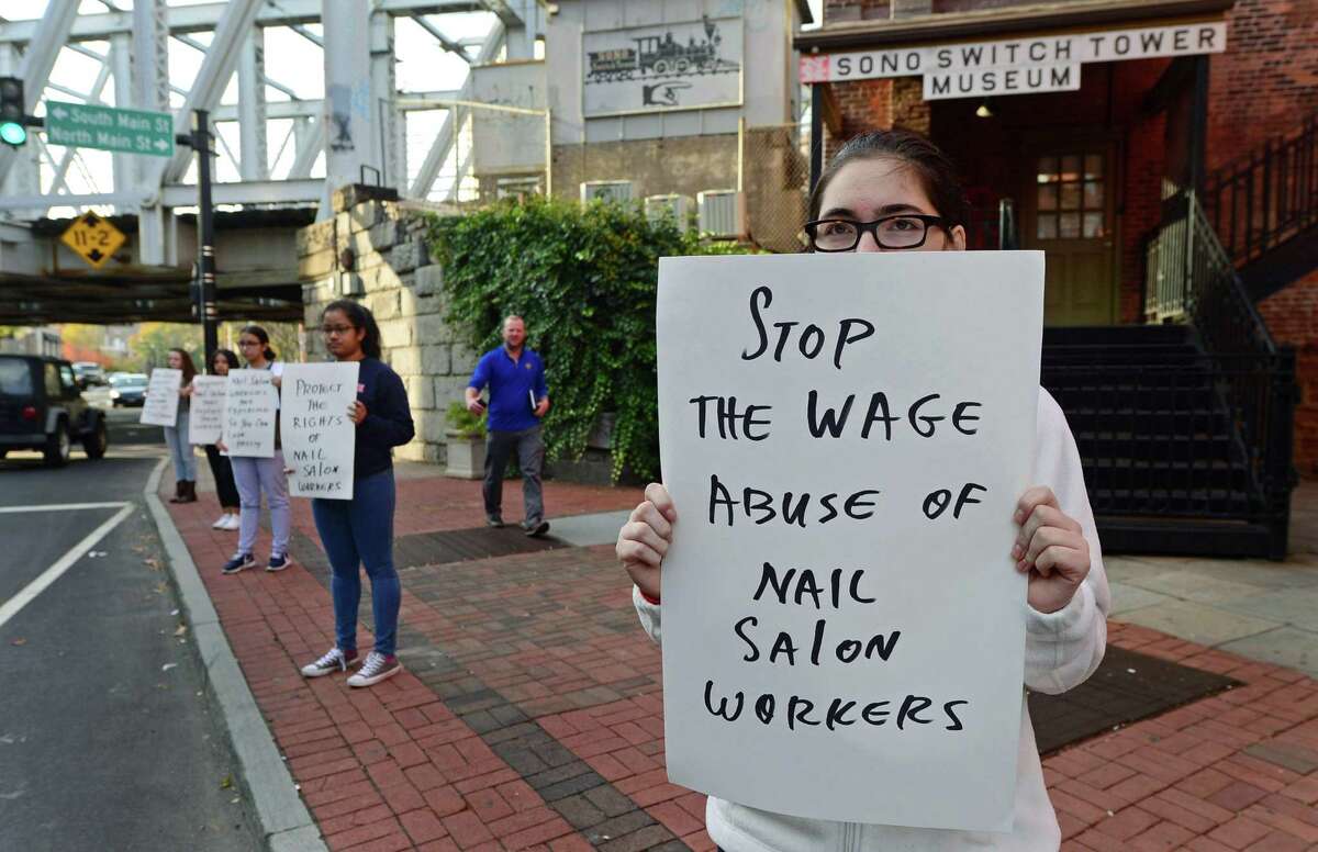 Brien McMahon High School students demonstrate in November 2016 in South Norwalk, Conn. to raise awareness about low wages paid salon workers. On June 7, 2017, the U.S. Bureau of Labor Statistics estimated Fairfield County as having one of the 10 sharpest declines in weekly wages nationally in 2016, with overall U.S. worker wages dropping for only the eighth time since 1978.