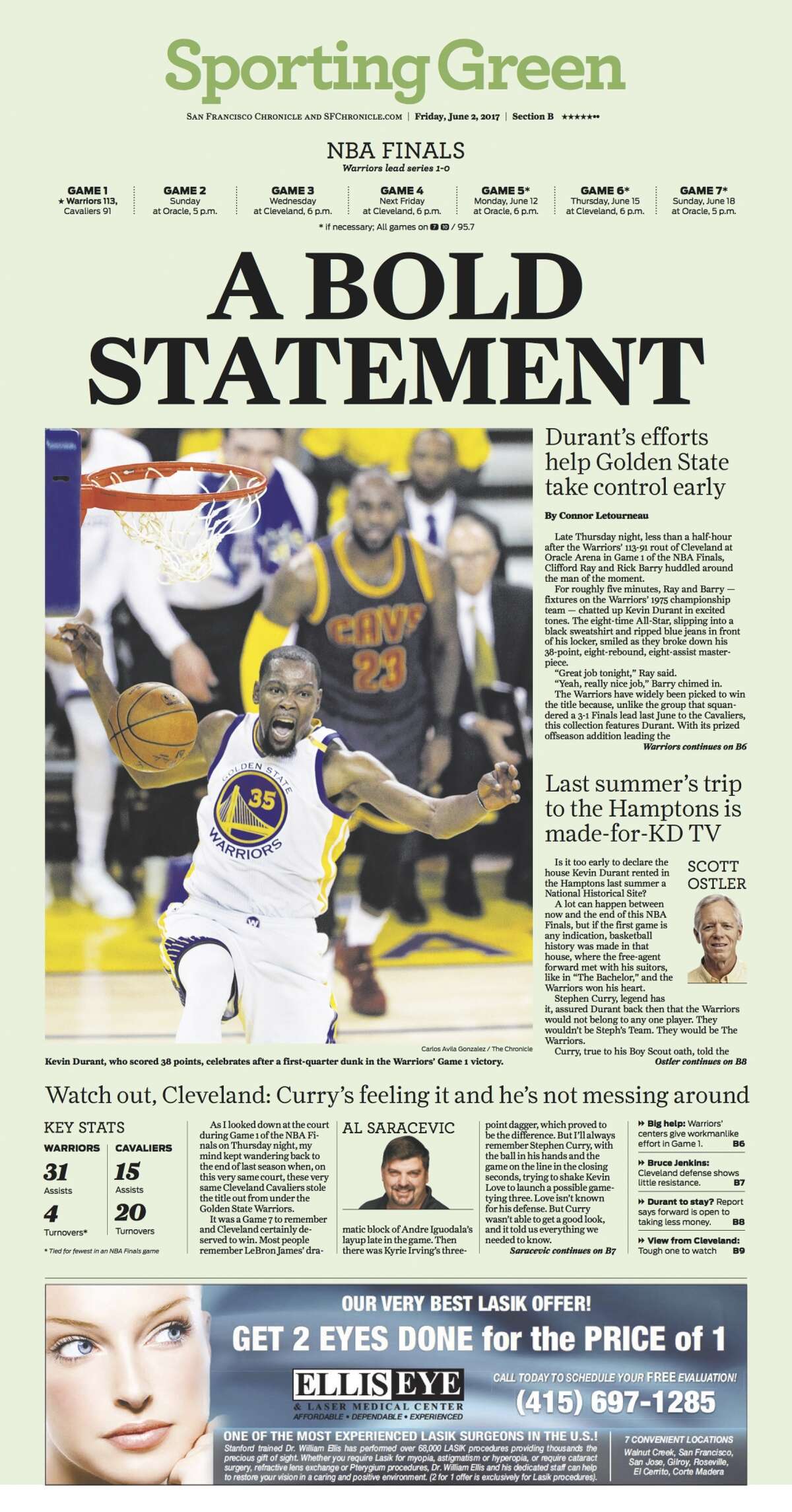 Warriors-Cavaliers NBA Finals Game 1 covered on the San Francisco Chronicle Sporting Green page, Friday, June 2nd, 2017. Purchase copies of this historic newspaper in The Chronicle Store.  