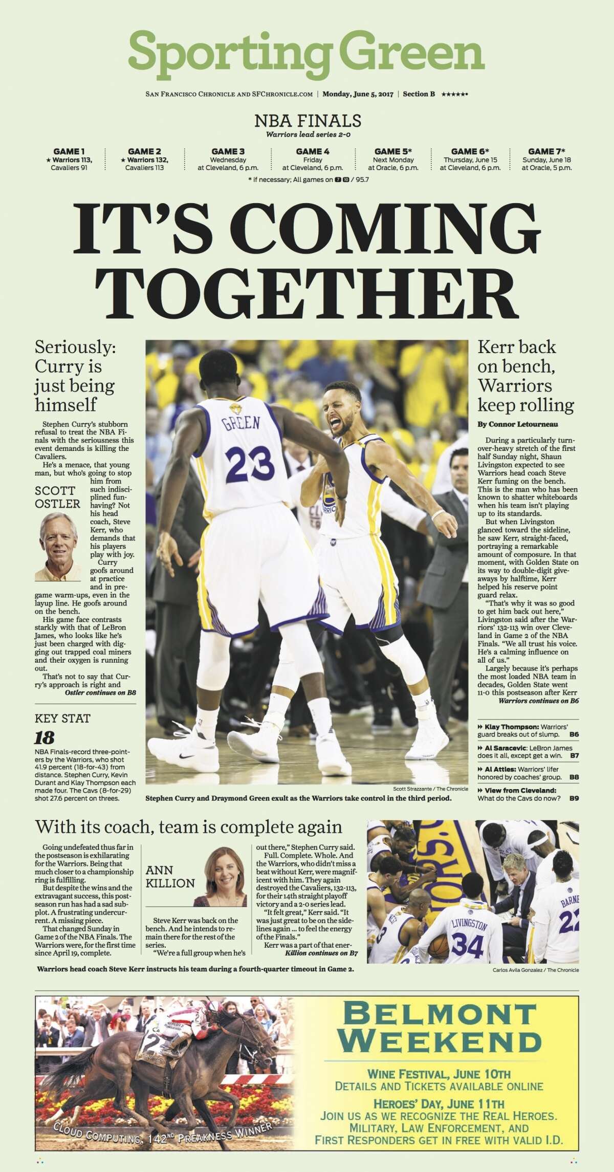 Warriors-Cavaliers NBA Finals Game 2 as featured in the San Francisco Chronicle's Sporting Green, June 5th, 2017. Purchase copies of this historic newspaper in The Chronicle Store.  