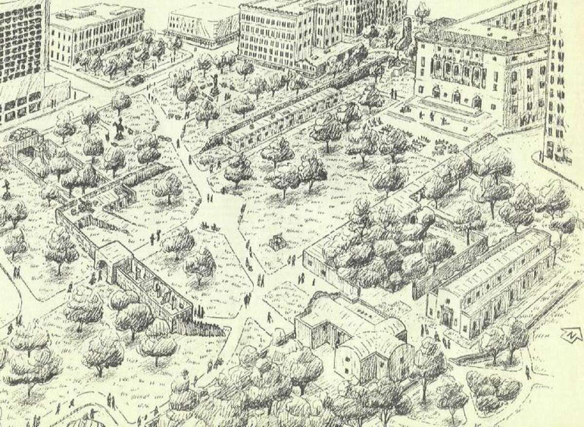 San Antonio Express-News columnist David Anthony Richelieu developed this plan for Alamo Plaza in 1994, as shown in an illustration by Felipe Soto. The plan, then estimated to cost $32 million, recommended demolition of several building in the plaza, and relocation of the 1880s Crockett Building, to provide room for partial reconstruction of the historic mission-fortress in a park-like setting.