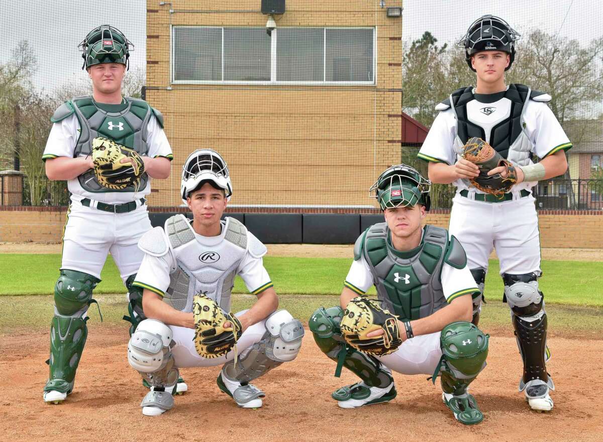 New Caney alum Brett Wright (far left) is shown here with fellow catchers at San Jacinto College.