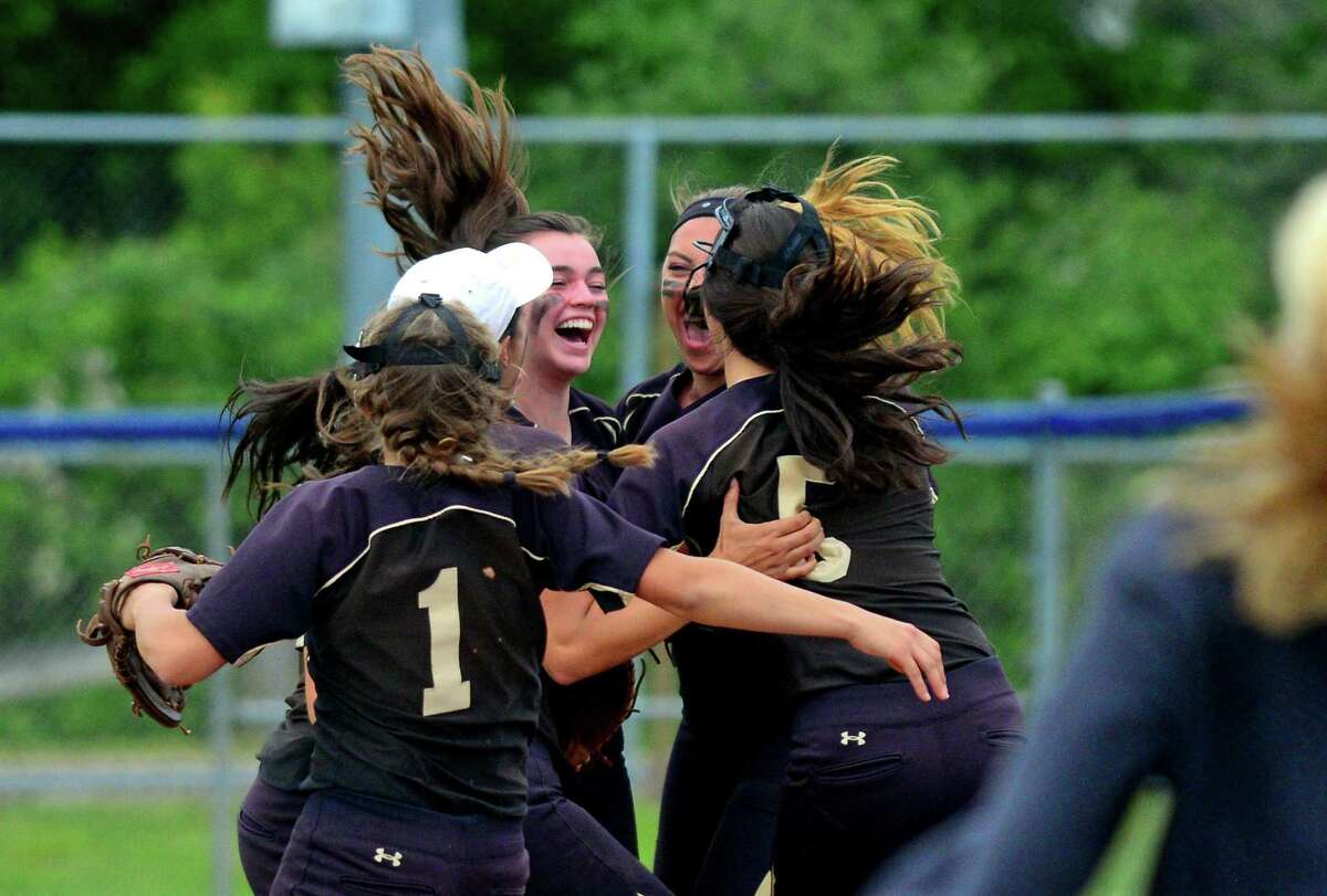 Joel Barlow celebrates its win over Fitch during Class L softball action in West Haven, Conn. on Thursday June 8, 2017.