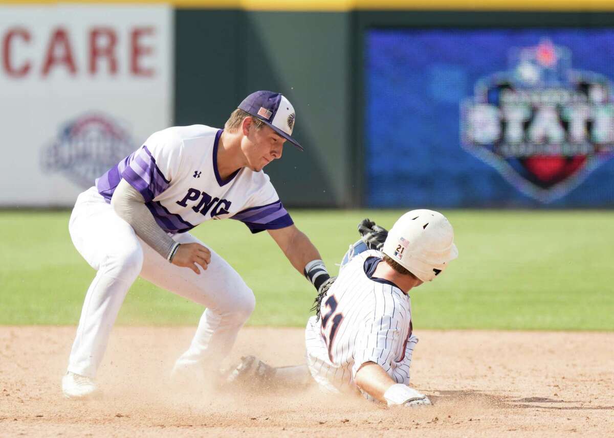 Port Neches-Groves Indians infielder Logan Lejeune (8) tags Frisco Wakeland Wolverines Wyatt Marr (21) out at second during the Class 5A state baseball semifinal between Frisco Wakeland and Port Neches-Groves High Schools at Dell Diamond in Round Rock, Texas, on Thursday, June 8, 2017.