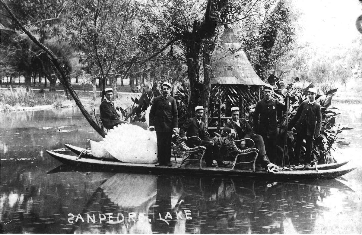 Volunteer firefighters July 4th picnic on the lake at San Pedro Park, circa 1891.