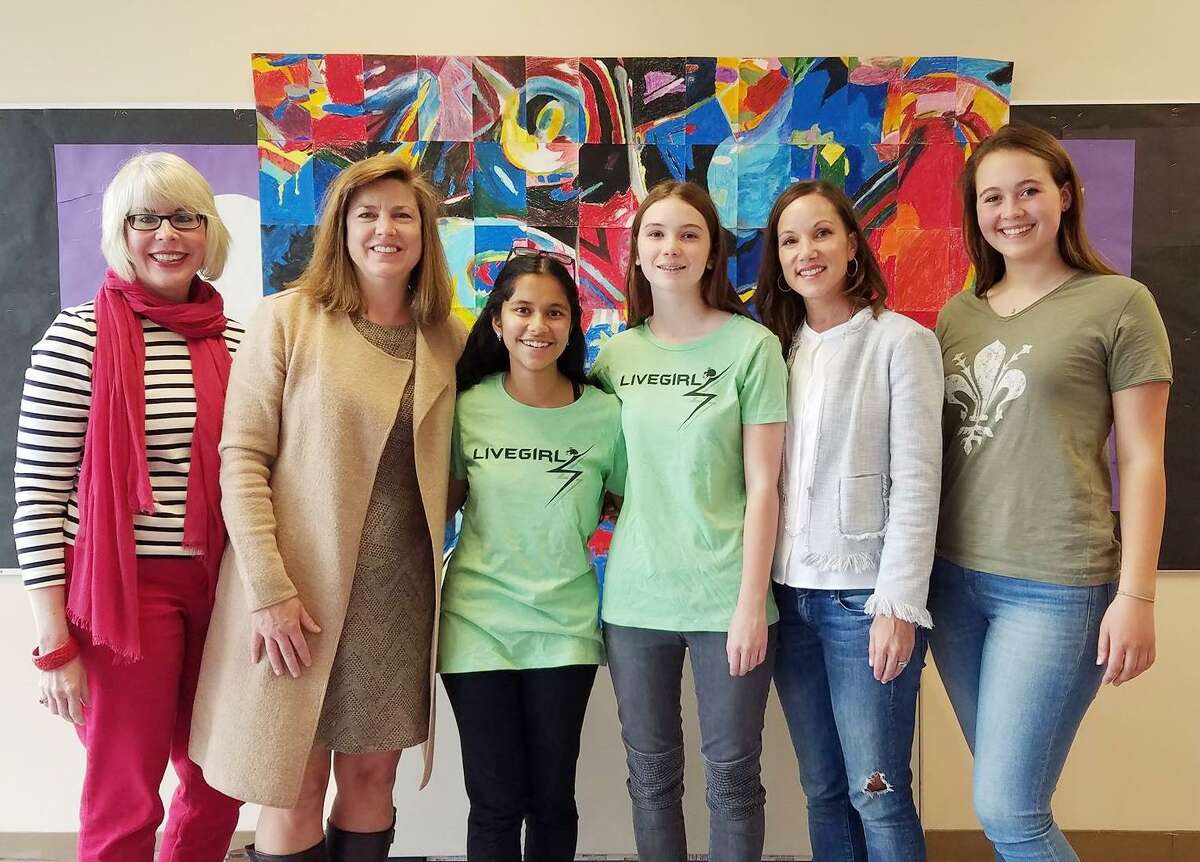 LiveGirl won the grand prize in ProjectPitch. From left: The Impact Vine Project Director Susan Serven, Community Fund of Darien Executive Director Carrie Bernier, two middle schoolers who participate in LiveGirl, LiveGirl Executive Director Sheri West, and LiveGirl’s intern, Anna Lysenko.