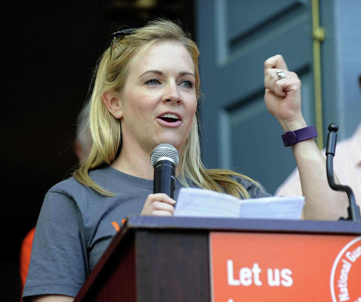 Actress and activist Melissa Joan Hart, of Westport, speaks at a rally on the steps of the Edmond Town Hall. Members of the Newtown Action Alliance organized a march and rally Friday, June 2, 2017, on National Gun Violence Awareness Day. Participants marched from Fairfield Hills in Newtown to the Edmond Town Hall where speakers addressed those gathered.