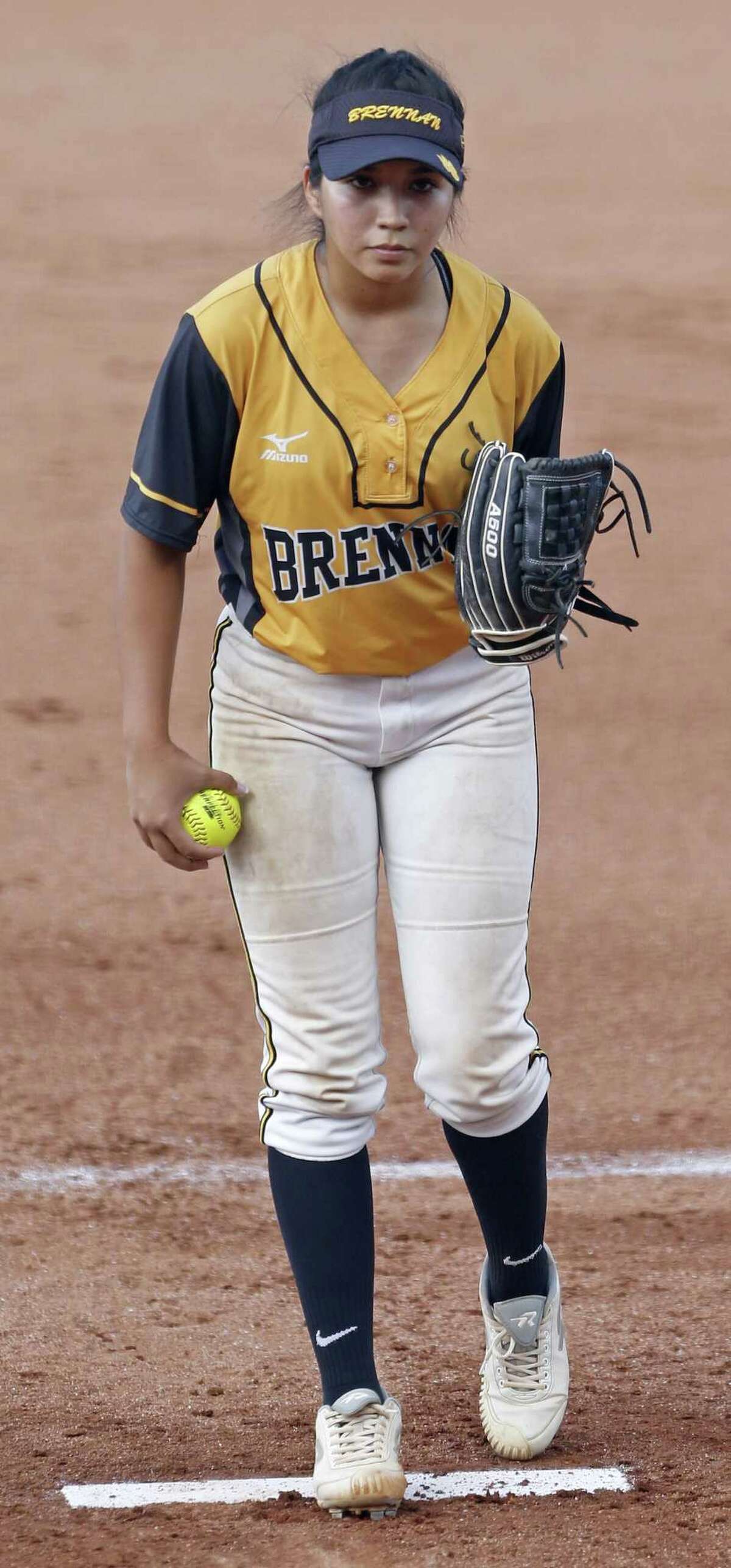 Brennan’s Clarissa Hernandez pitches against Austin Bowie during their UIL Class 6A state semifinal game on June 2, 2017 at McCombs Field in Austin.