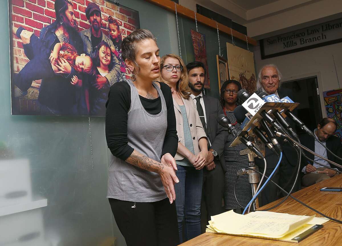 Micah Allison, wife of Derrick Ion Almena gets ready to speak during a press conference an J. Tony Serra's law office discussing her husband's charges in San Francisco on Friday, June 9, 2017, in San Francisco, Calif.