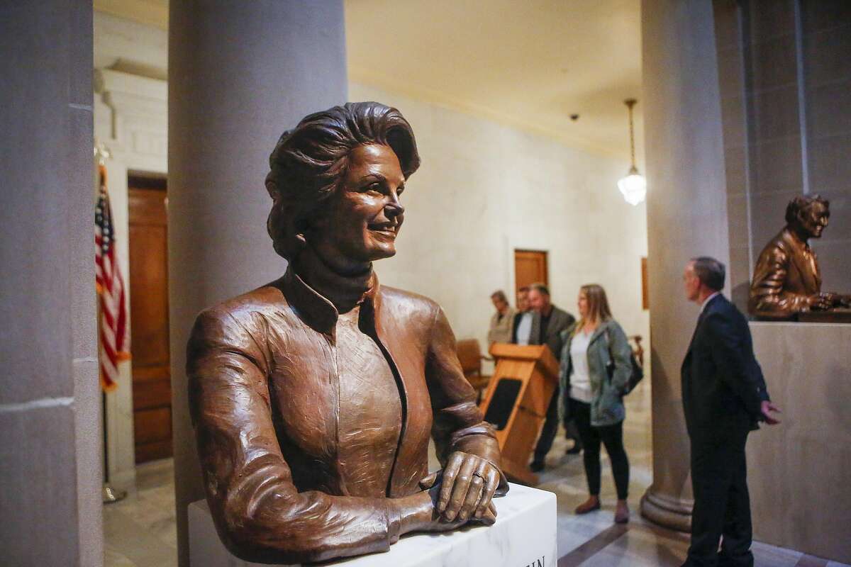 One of the two sculptures of real women in San Francisco, the bust of Dianne Feinstein, sits outside the Mayor's office in City Hall in San Francisco on June 9, 2017.