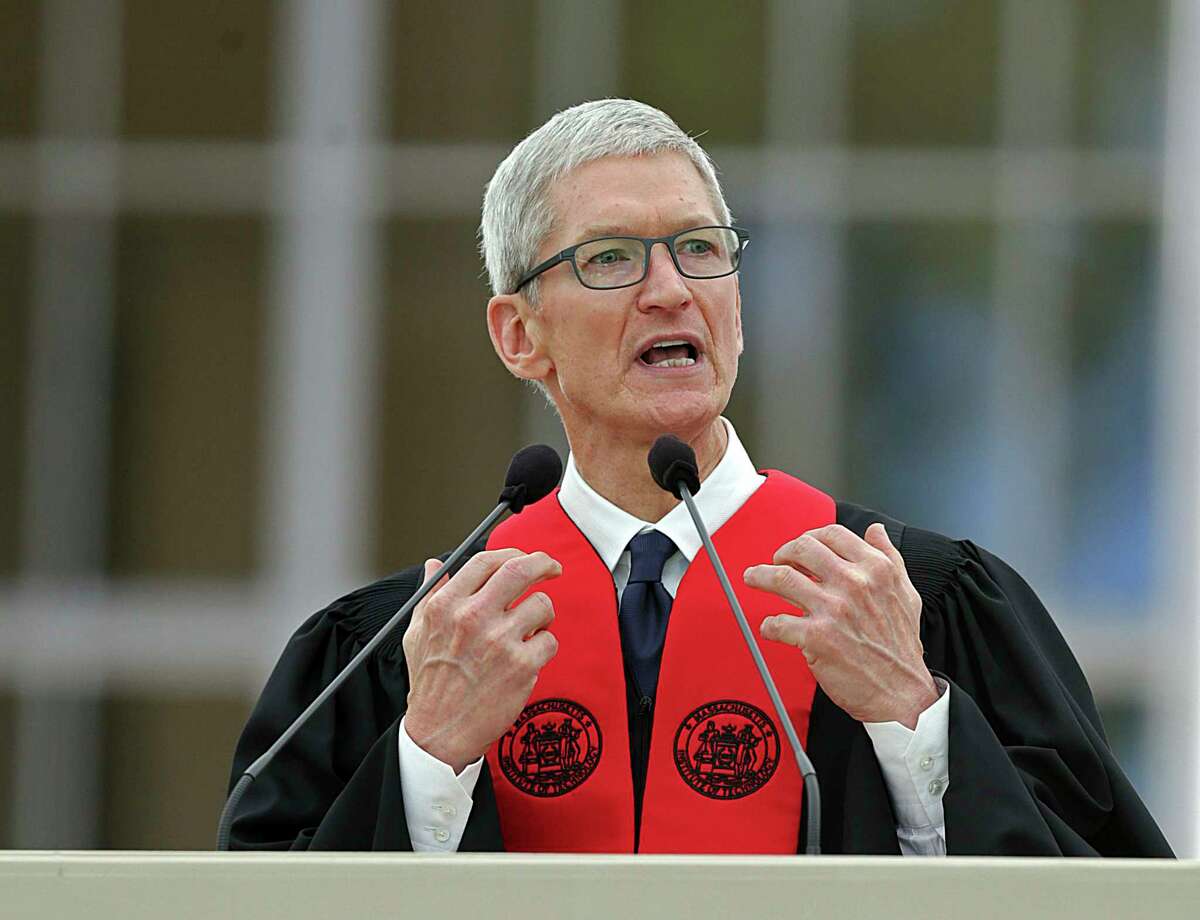 Apple CEO Tim Cook speaks during a commencement address at the Massachusetts Institute of Technology, Friday, June 9, 2017, in Cambridge, Mass. Cook told MIT graduates and their families that technology without basic human values is worthless. (John Wilcox/The Boston Herald via AP)