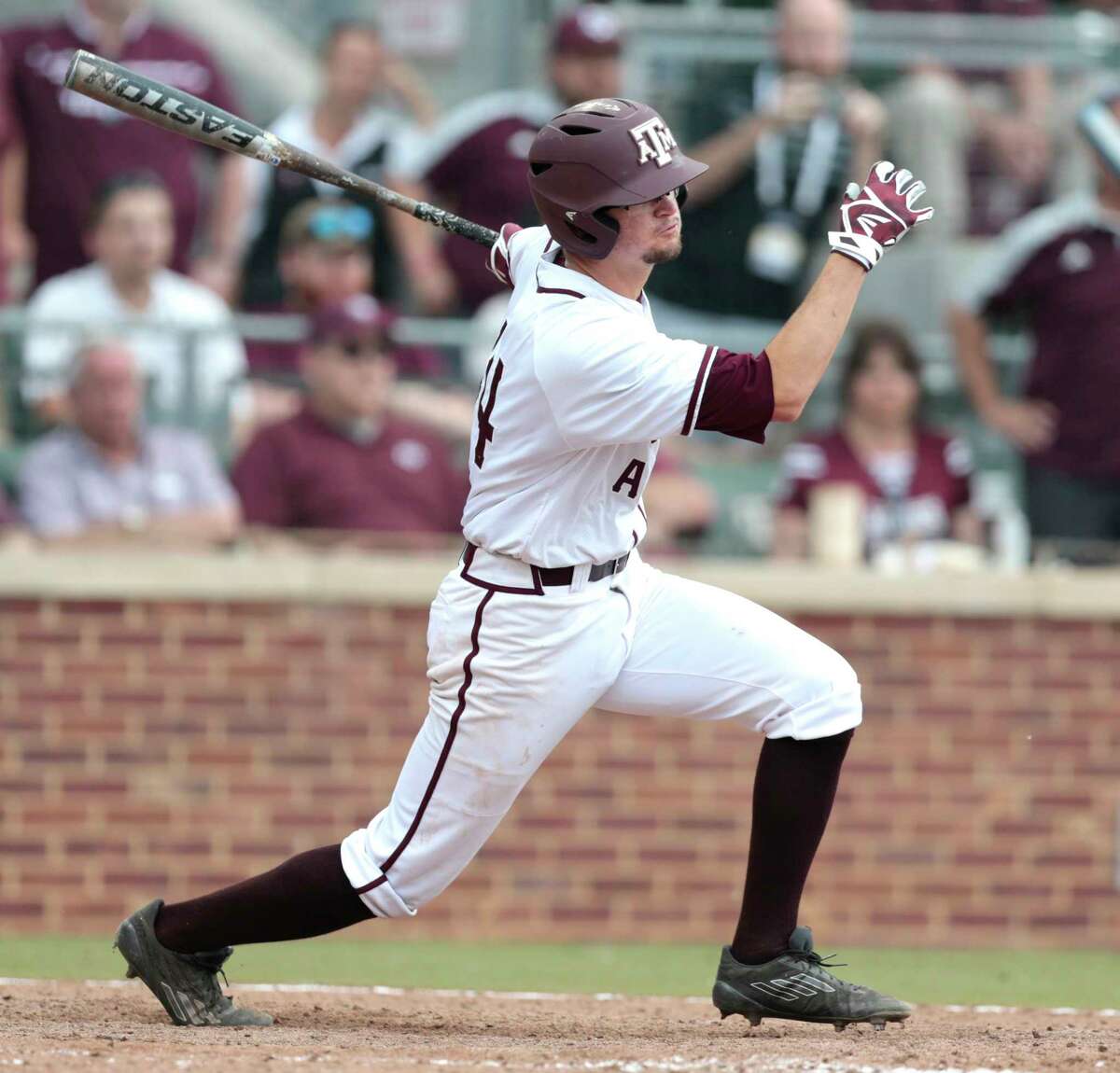 Texas A&M infielder George Janca (44) hits an RBI single off Davidson pitcher Westin Whitmire to score Texas A&M infielder Braden Shewmake for a 7-6 win in 15 innings during the NCAA baseball Super Regional at Olsen Field at Blue Bell Park on Friday, June 9, 2017, in College Station. ( Brett Coomer / Houston Chronicle )