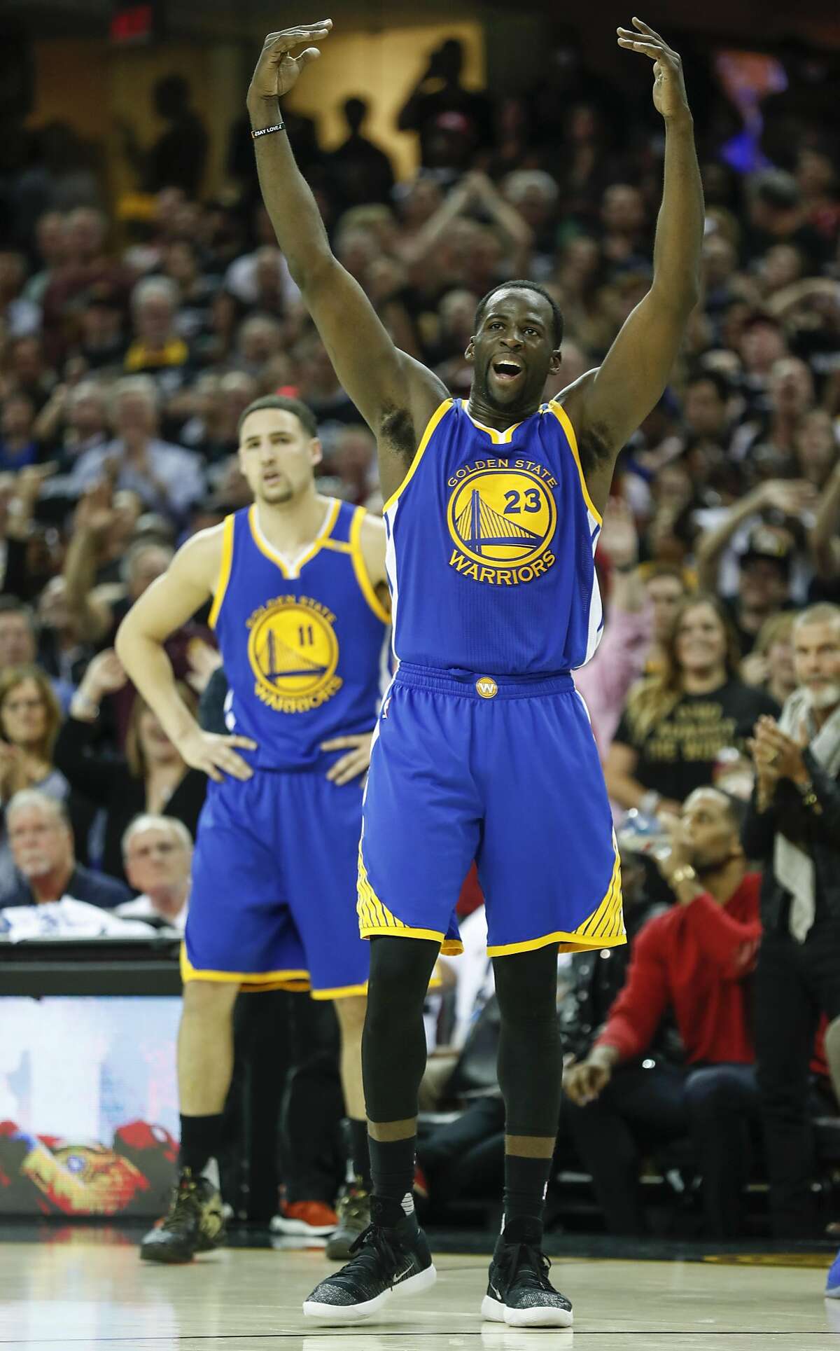 Golden State Warriors' Draymond Green reacts in the third quarter during Game 4 of the 2017 NBA Finals at Quicken Loans Arena on Friday, June 9, 2017 in Cleveland, Ohio