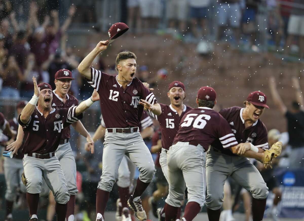 Texas A&M pitcher Corbin Martin (12) and the team celebrate after the final out of the the 2017 NCAA Super Regional baseball game between the Davidson Wildcats and the Texas A&M Aggies at Blue Bell Park on Saturday, June 10, 2017, in College Station, TX.
