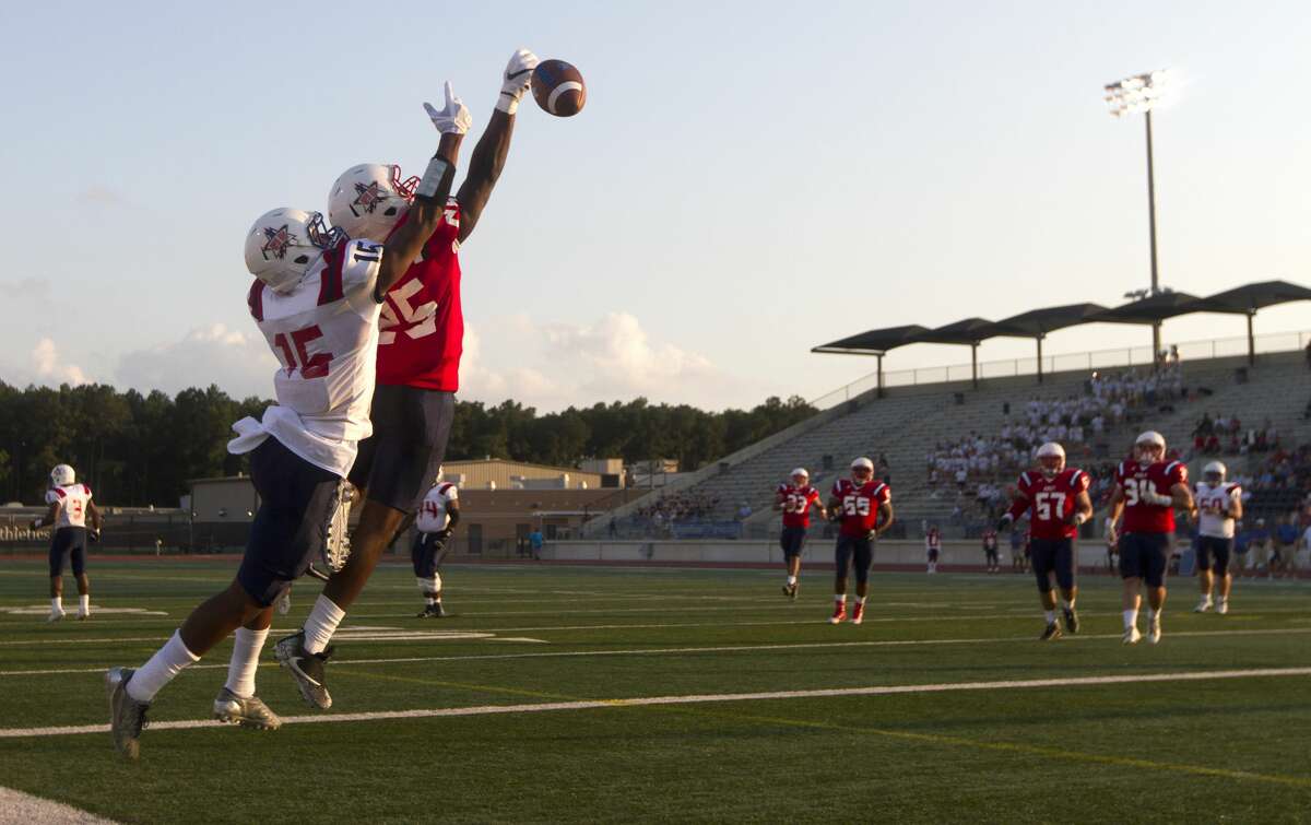 Montgomery defensive back Waverly Hampton (25) breaks up a pass intended for Fort Bend Willowridge wide receiver Chris Shaw (15) during the second quarter of the annual Bayou Bowl at Turner Stadium, Saturday, June 10, 2017, in Humble.