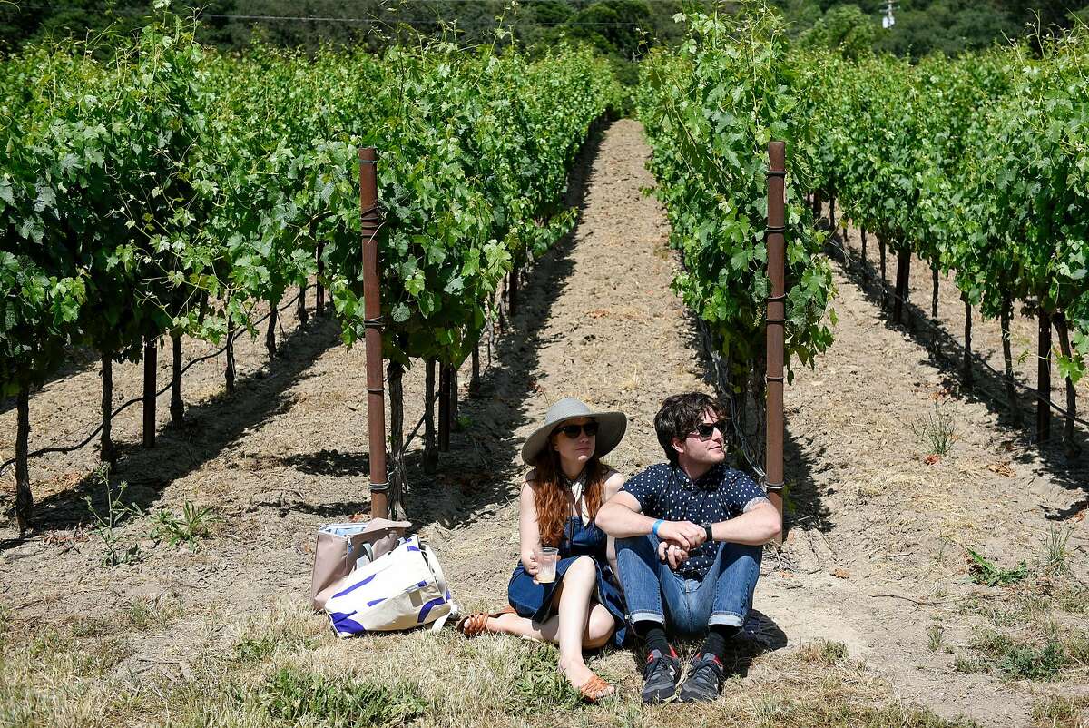 Lori Kitching and Adam Dweck relax in the vineyard at Gundlach Bundschu Winery in Sonoma.