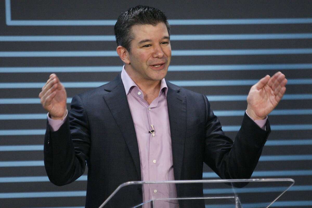Uber CEO Travis Kalanick gives a speech at the company's five-year anniversary event, Wednesday, June 3, 2015, at the Uber headquarters in San Francisco, Calif.