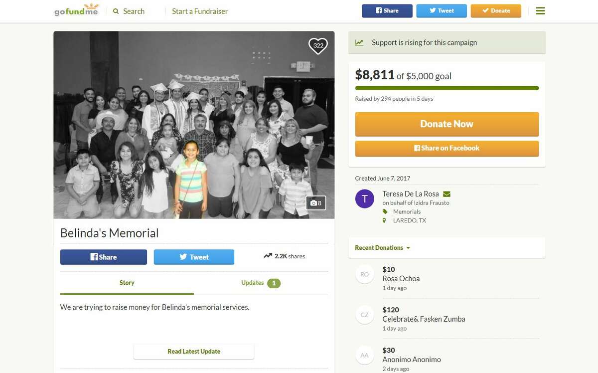 A screenshot taken Monday morning of the primary GoFundMe account for Belinda Muñiz. It has raised nearly $9,000.