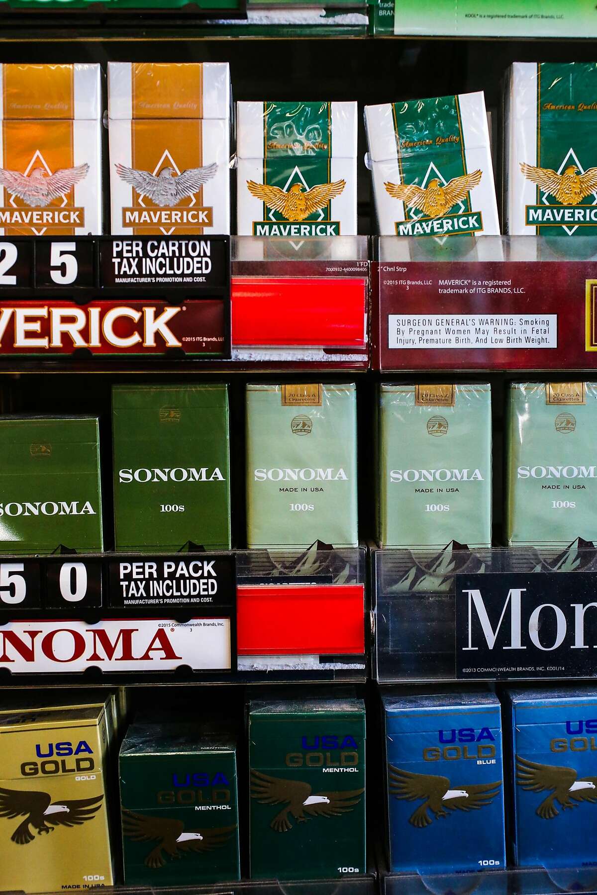 Tobacco and flavored tobacco is seen on the shelves at City Smoke and Vape Shop in San Francisco, California, on Sunday, June 11, 2017.