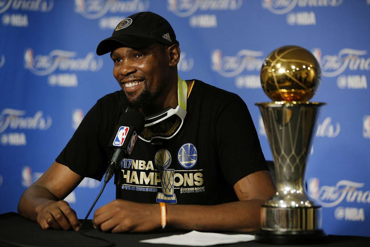 Golden State Warriors forward Kevin Durant (35) during a news conference following Game 5 of the NBA Finals between the Golden State Warriors and the Cleveland Cavaliers on Monday, June 12, 2017, at Oracle Arena in Oakland, Calif.
