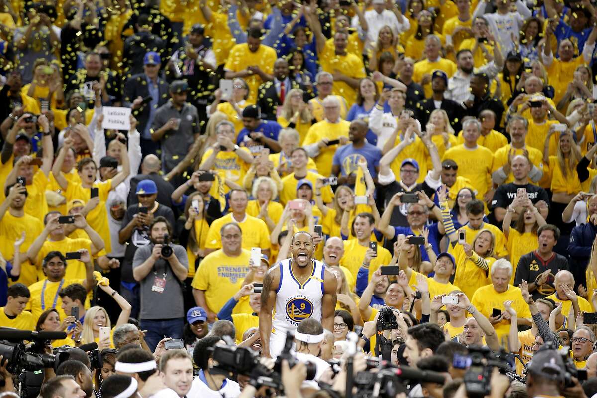 Golden State Warriors forward Andre Iguodala reacts after Game 5 of the NBA Finals on June 12, 2017, at Oracle Arena in Oakland.
