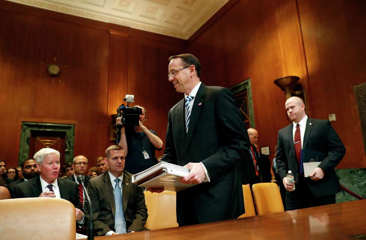 Deputy Attorney General Rod Rosenstein arrives on Capitol Hill in Washington, Tuesday, June 13, 2017, to testify before a Senate Appropriations subcommittee hearing on the Justice Department's fiscal 2018 budget. (AP Photo/Alex Brandon)