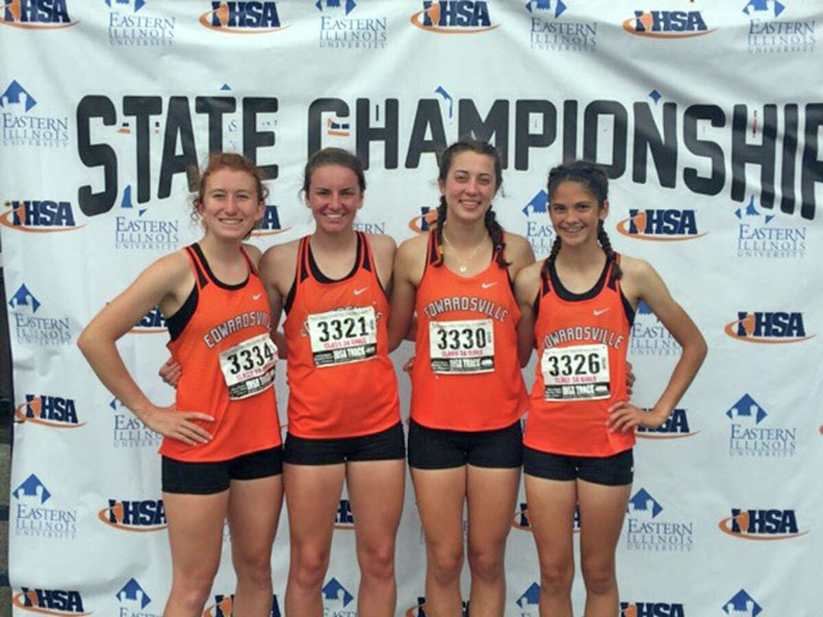 Edwardsville’s 3,200-meter relay, which placed 11th at the Class 3A state meet, featured, from left, senior Victoria Vegher, junior Lorie Cashdollar, sophomore Maddie Miller and freshman Abby Korak.