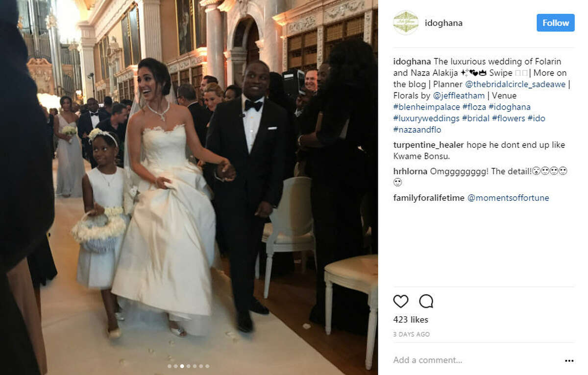 Folarin Alakija, son of Nigeria's richest woman, married his fiance, Nazanin Jafarian Ghaissarifar in a lavish $6.4 million celebration at the Blenheim Palace in Oxfordshire. Photo: @idoghana Instagram