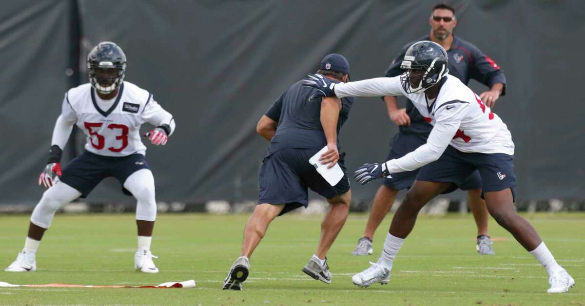 Houston Texans linebackers Sio Moore (53) and Gimel President (54) during a practice drill at Texans minicap at Texans Practice facility Wednesday, June 14, 2017, in Houston.