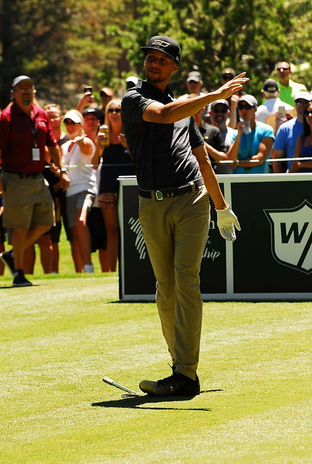 Stephen Curry, Justin Timberlake and Anthony Ribeiro played golf in front of �big crowds at the American Century Championship at Edgewood Tahoe Golf course in Stateline, Nev., on July 23. The trip played a lot of golf and found time to ham it up, too, especially on the tournament's raucous 17th hole, which runs alongside Lake Tahoe.