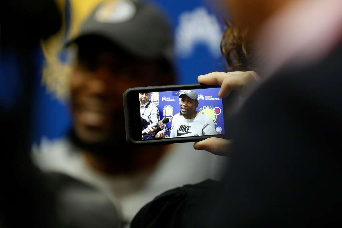 Golden State Warriors' Kevin Durant during media availability at the Warriors' practice facility in Oakland, Calif., on Wednesday, June 14, 2017.