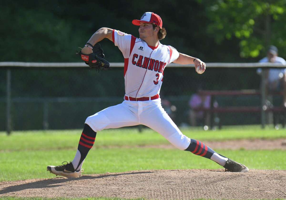 Trystan Sarcone of the Greenwich American Legion Cannons delivers a pitch during a game against Darien Wednesday at Greenwich High School. The Cannons won 5-1.