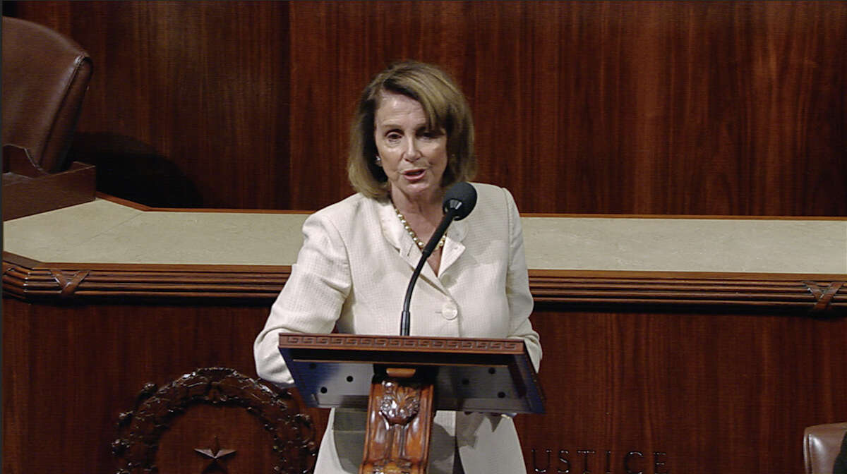In this image from House Television video, House Minority Leader Nancy Pelosi of Calif., speaks Wednesday, June 14, 2017, on the House floor at the Capitol in Washington, as she talks about the shooting at the Republican congressional baseball practice. (House Television via AP)