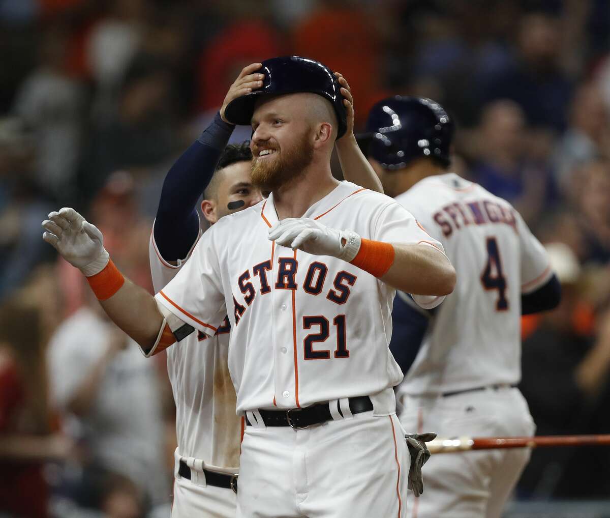 Houston Astros Derek Fisher (21) celebrates his first home run with Jose Altuve during the sixth inning of an MLB game at Minute Maid Park, Wednesday, June, 14, 2017. ( Karen Warren / Houston Chronicle )