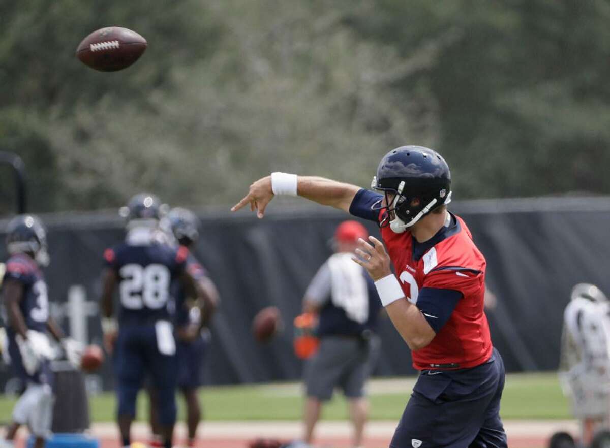 Houston Texans quarterback Tom Savage (3) throws during an NFL organized team activities football practice Tuesday, June 6, 2017, in Houston.
