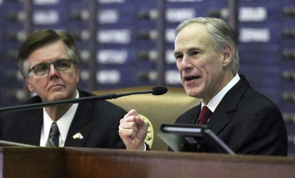 The decision by Gov. Greg Abbott, seen on Jan. 31, 2017, to load the special session agenda with conservative priorities was seen by some as a masterstroke to immunize himself against criticism by Lt. Gov. Dan Patrick (left) and others.