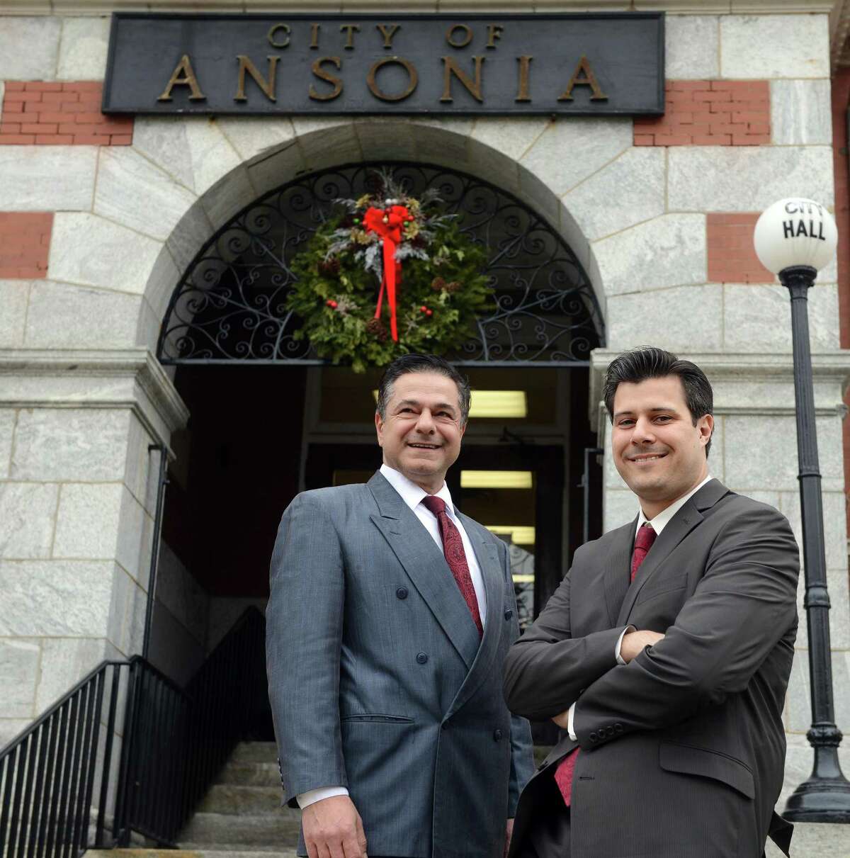 Ansonia Mayor David Cassetti and Corporation Counsel John P. Marini outside Ansonia City Hall.