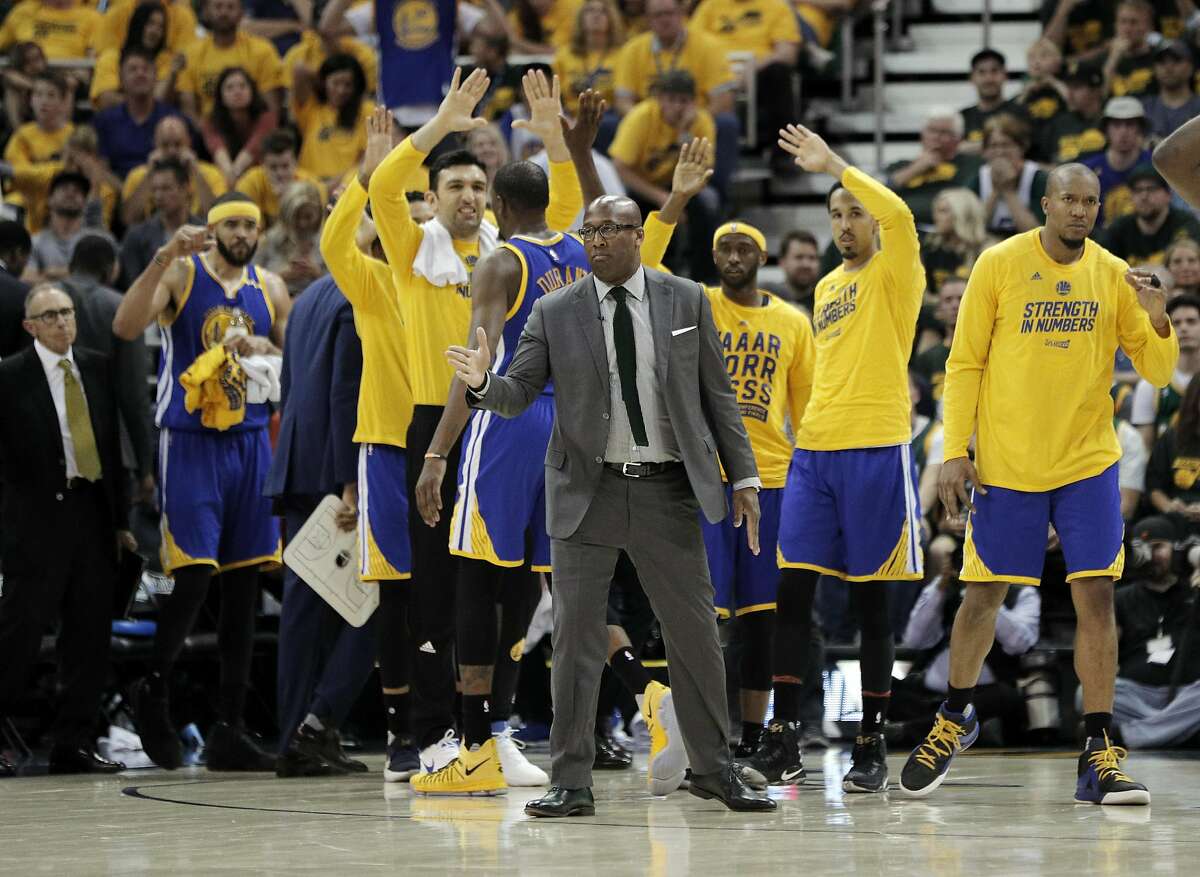 The Warriors bench celebrates in the closing seconds of the second half as the Golden State Warriors played the Utah Jazz at Vivint Smart Home Arena in Salt Lake City, Utah, on Saturday, May 6, 2017, in Game 3 of the 2017 Western Conference Semifinals.